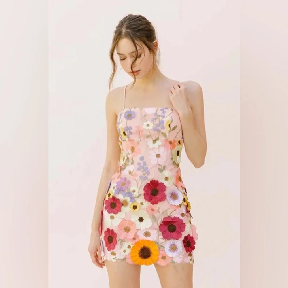 Storia Multi Floral Appliqué Mini Dress - Pink andYellow  NEW w/Tags!! - Picture 3 of 5